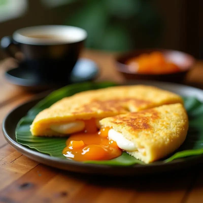 Cachapa dorada de maíz tierno rellena de queso de burro cremoso y mermelada de guayaba brillante, servida sobre hoja de bijao. Plato tradicional venezolano dulce-salado con texturas contrastantes.