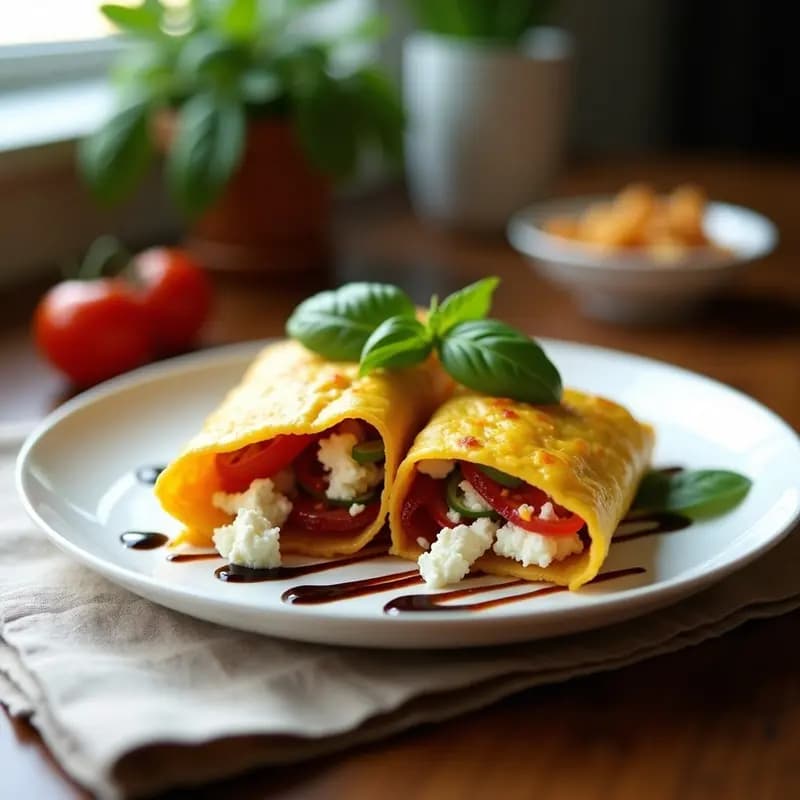 Cachapa de maíz dulce dorada rellena de queso feta desmenuzado y tomates secos en tiras, decorada con albahaca fresca y un hilo de vinagre balsámico glacé sobre un plato blanco rústico. Receta de desayuno venezolano gourmet.