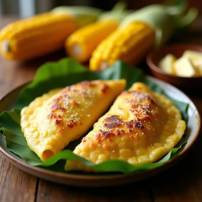 Cachapa venezolana dorada y humeante rellena de queso de mano derretido, servida sobre hoja de plátano con fondo rústico de madera. Desayuno dulce-salado tradicional.