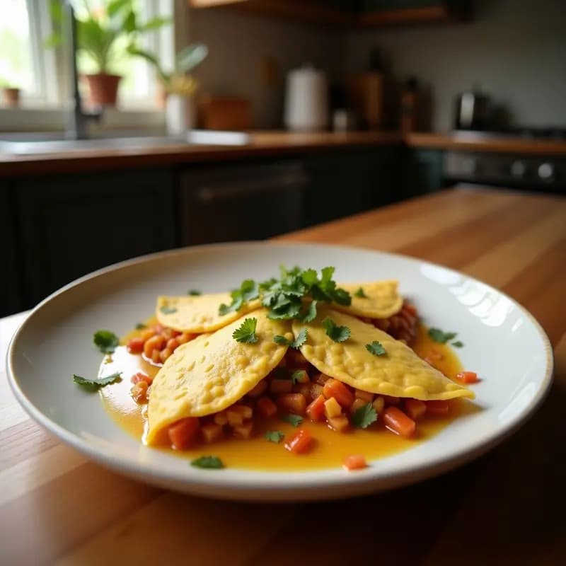 Plato blanco con dos cachapas doradas de maíz tierno, cubiertas con queso cremoso de anacardos, cebolla morada picada y cilantro fresco. Receta venezolana sin lactosa servida en un desayuno rápido.