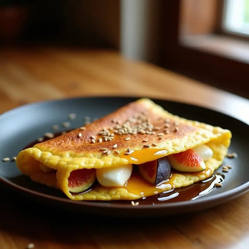 Cachapa venezolana dorada rellena de láminas cremosas de queso de búfala y higos frescos en cuartos, bañada con miel de abaja y espolvoreada con semillas de sésamo tostadas, servida en plato rústico de barro.