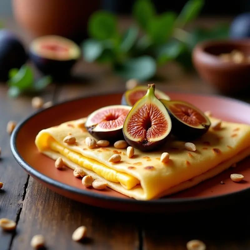 Cachapa dorada y esponjosa doblada en forma de media luna, rellena de queso vegano cremoso de mandioca y coronada con higos caramelizados brillantes y nueces de Brasil picadas, sobre un plato de barro rústico con fondo de madera oscura.