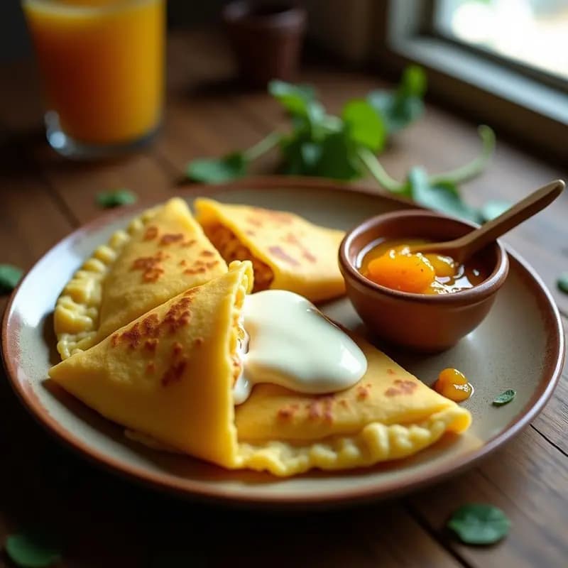 Cachapa venezolana dorada y esponjosa rellena de queso de mano cremoso, acompañada de mermelada de parchita brillante en un plato rústico de barro, con fondo de hojas verdes y luz natural.