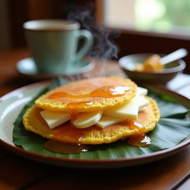 Cachapa venezolana dorada y humeante servida en plato rústico, rellena de láminas derretidas de queso de mano y bañada con miel de abeja dorada, desayuno dulce-salado tradicional.