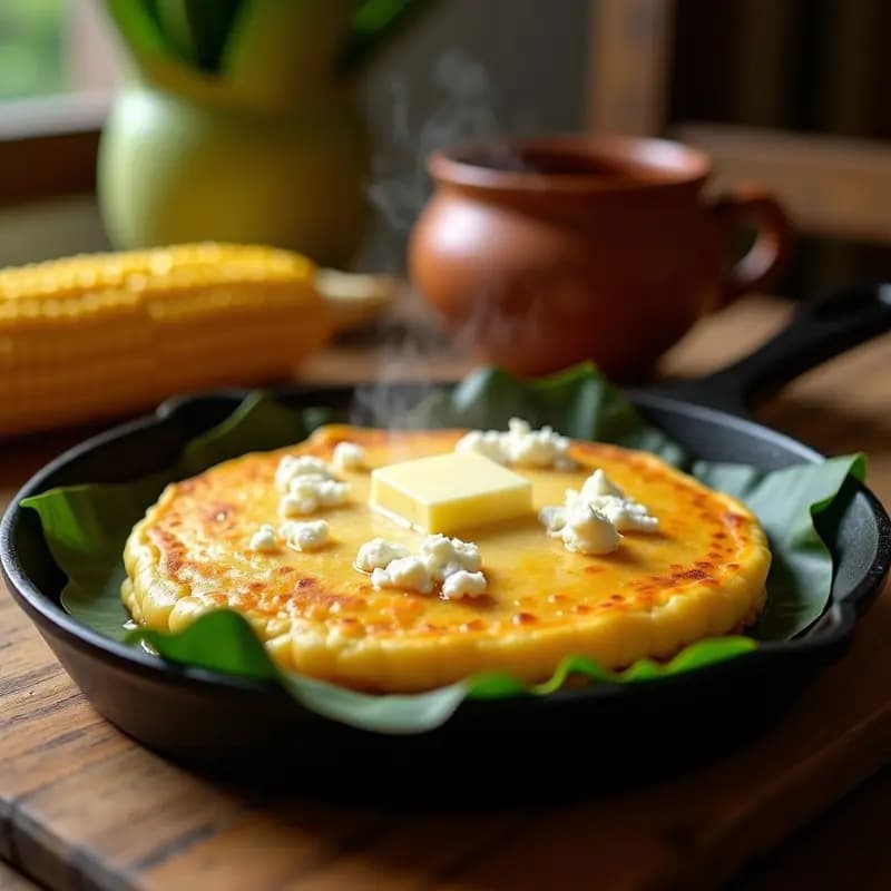 Cachapa venezolana dorada y esponjosa rellena de queso de mano cremoso y bañada en mantequilla derretida, servida en plato de barro rústico con fondo de cocina tradicional.