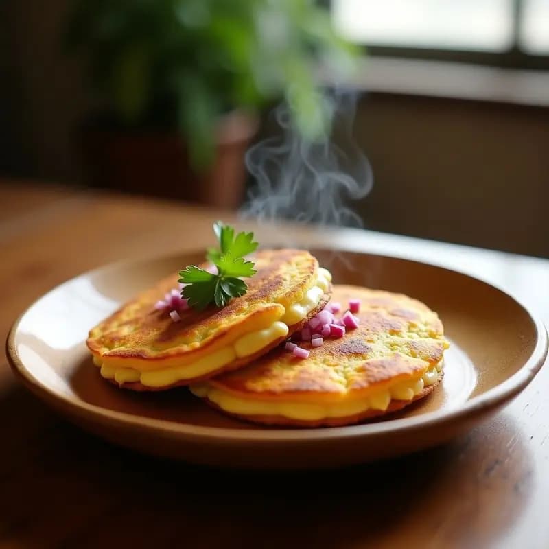 Plato rústico de madera con dos cachapas doradas de maíz tierno rellenas de queso de maní cremoso, decoradas con cebolla morada picada y hojas de culantro fresco. Desayuno venezolano sin lácteos.