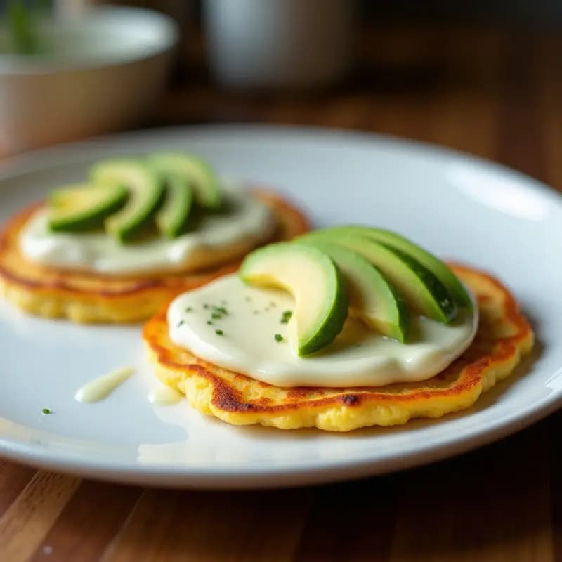 Plato con cachapas doradas rellenas de láminas de queso de mano y rodajas de aguacate, desayuno venezolano sin gluten y alto en proteína.