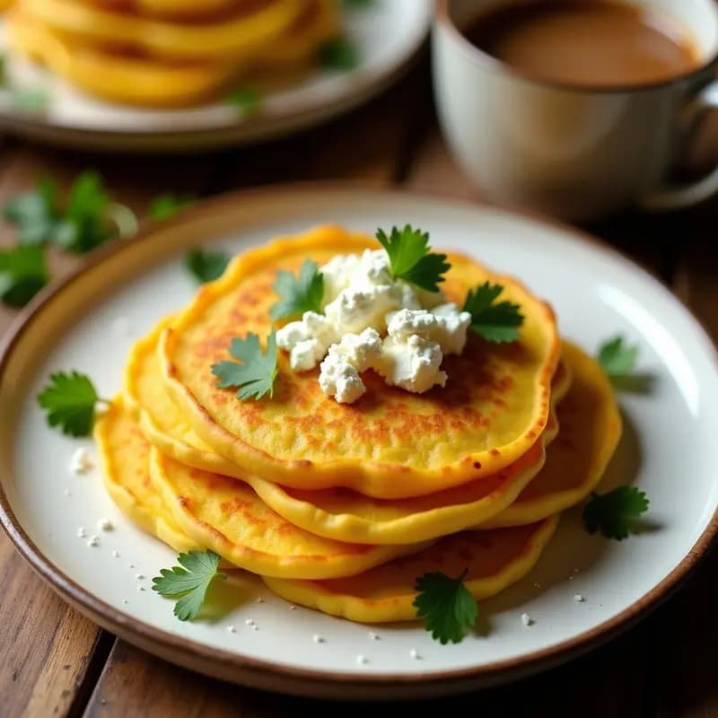 Cachapas venezolanas doradas de maíz dulce servidas en plato rústico, cubiertas con queso de cabra desmenuzado y decoradas con hojas de cilantro fresco, ideal para desayuno o cena rápida.