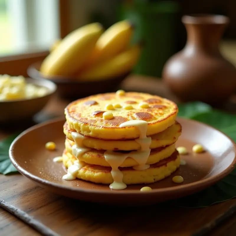 Plato rústico con cachapitas de maíz dulce doradas, rellenas de queso de mano derretido, desayuno venezolano tradicional servido con un fondo de hoja de plátano.