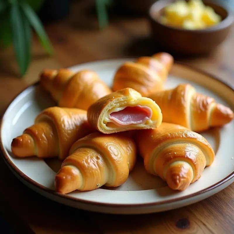 Cachitos venezolanos dorados y crujientes con masa hojaldrada, rellenos de jamón serrano y queso blanco fundido, servidos en una canastilla de airfryer con fondo desenfocado.