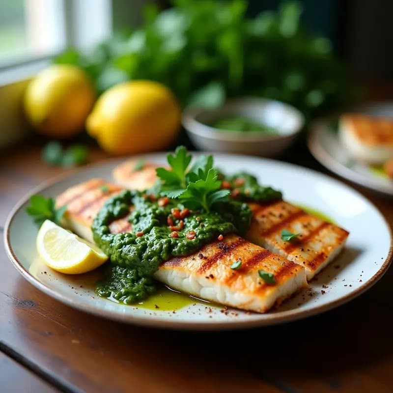 Filetes de cachten a la parrilla con la piel dorada y crujiente, servidos sobre un plato blanco con chimichurri de perejil verde vibrante por encima. Acompañados de gajos de limón y hojas de perejil fresco, receta peruana de pescado en 15 minutos.