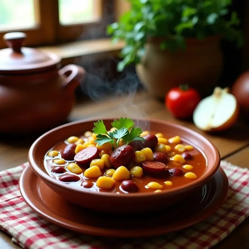 Olla express abierta mostrando un guiso espeso de cachupa criolla con maíz blanco, frijoles rojos y rodajas de chorizo, decorado con cilantro fresco, servido en un plato hondo de barro.