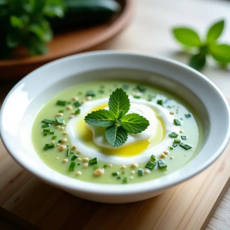Cuenco de cerámica blanca con cacık turco sin lactosa, una cremosa sopa fría de yogur de coco, pepino persa en cubos, ajo picado y hojas de menta fresca. Decorado con un hilo de aceite de oliva y una hoja de menta sobre fondo rústico de madera clara.