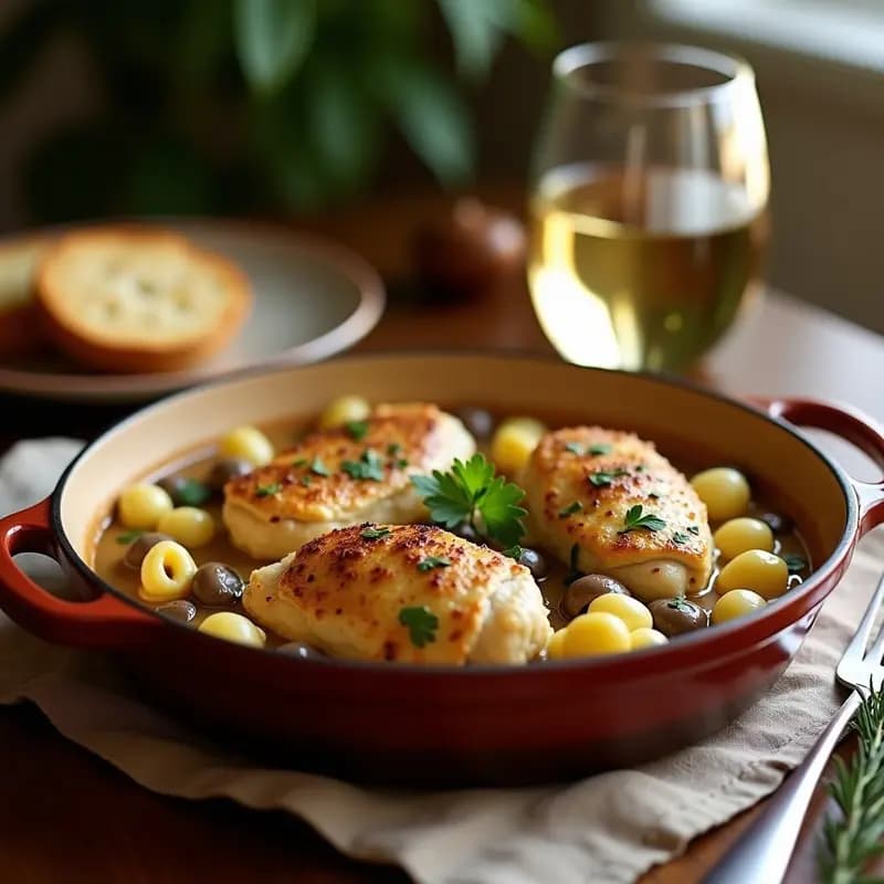 Cazuela de barro con caconni francés de pollo al vino blanco y champiñones portobello, bañado en salsa cremosa de mostaza, decorado con perejil fresco y acompañado de croutons de baguette dorados.