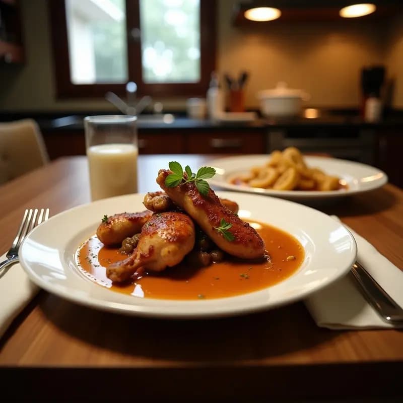 Plato hondo de barro con Caçuà de Frango, pollo al cacau brasileño en salsa espesa dulce y picante, decorado con almendras tostadas y cilantro fresco sobre fondo rústico de madera.