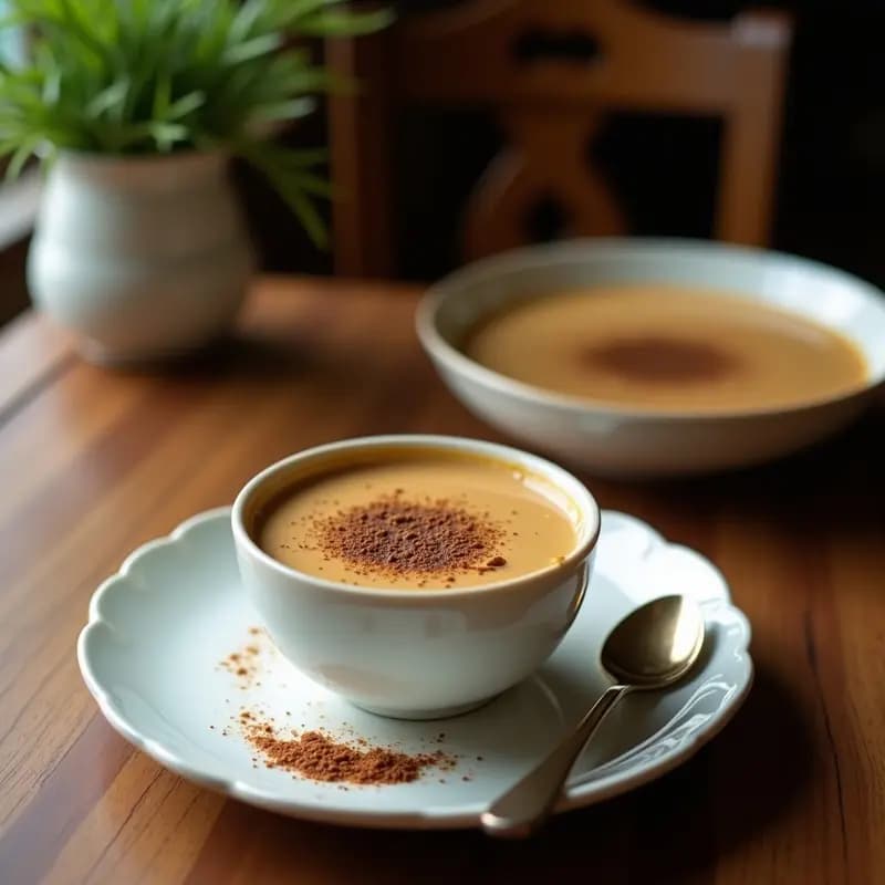 Taza alta de cristal con bebida de café Arabs espumosa, coronada con una capa cremosa de leche de coco y espolvoreada con canela y semillas de cardamomo. Fondo borroso con especias y granos de café.