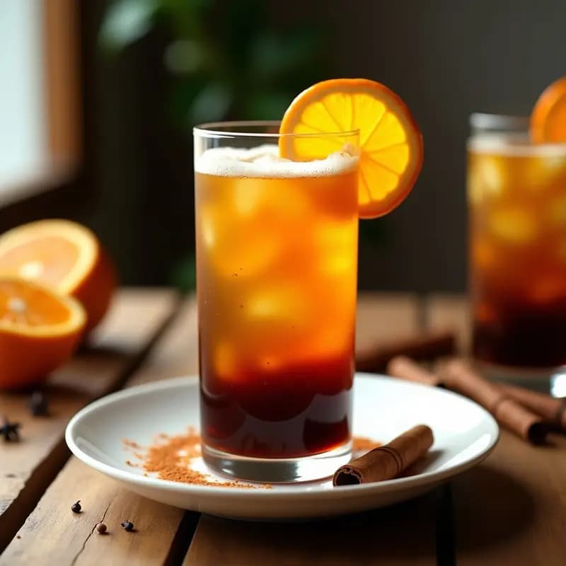 Vaso alto transparente con bebida de café arancia siciliana: capas de café frío, zumo de naranja dorado y burbujas de agua con gas, decorado con rodaja de naranja y una pizca de canela en la superficie, sobre fondo rústico de madera con especias esparcidas.