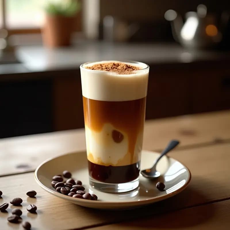 Vaso alto transparente con cafe bombón de capas definidas: leche condensada cremosa en el fondo, café espresso oscuro en medio y leche entera espumosa arriba, espolvoreado con canela y azúcar moreno, sobre una mesa de madera con granos de café al fondo.