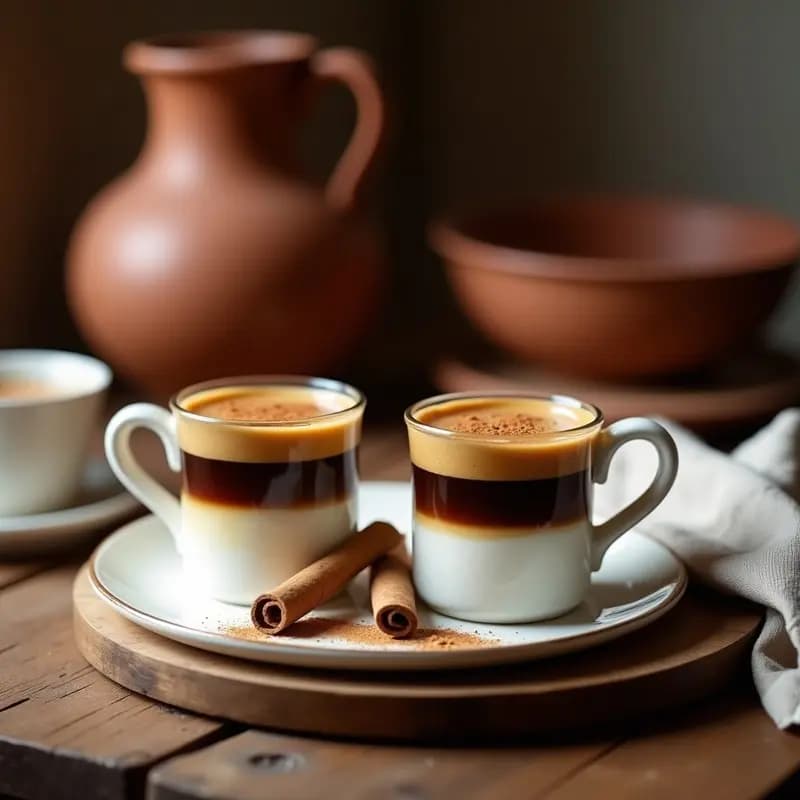 Taza transparente de café bombón con licor de café y canela, mostrando capas oscuras y claras, decorada con canela en polvo y servida en bandeja rústica sobre mesa de madera.
