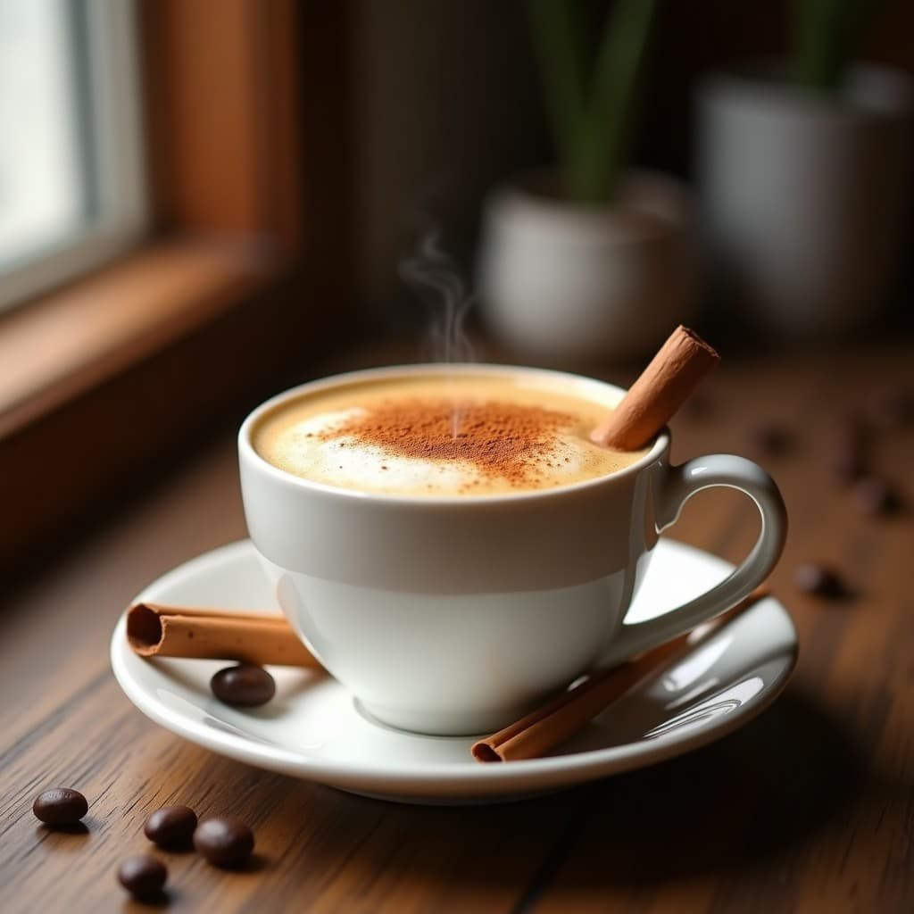 Taza de cerámica blanca con latte vegano de café y canela, espuma cremosa en la superficie, decorada con canela en polvo y una rama de canela, sobre fondo de madera rústica con granos de café dispersos.