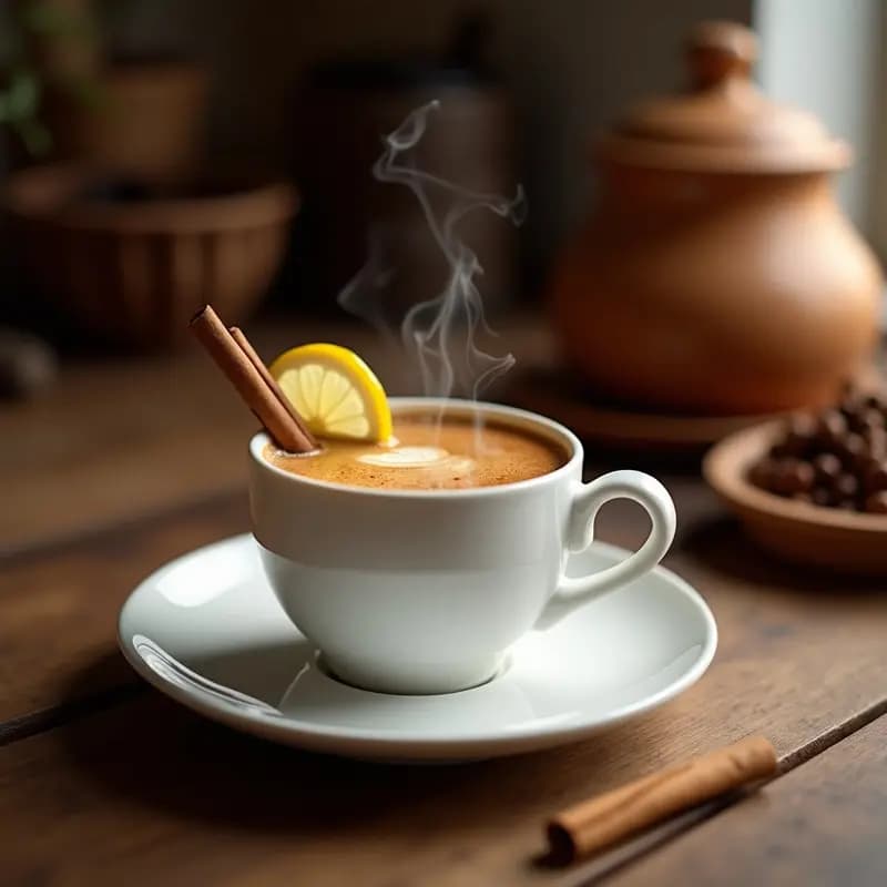 Taza de porcelana blanca humeante con café carajillo con Licor 43, decorada con una rama de canela y una rodaja de limón, sobre una mesa de madera rústica con un fondo borroso de cocina tradicional española.