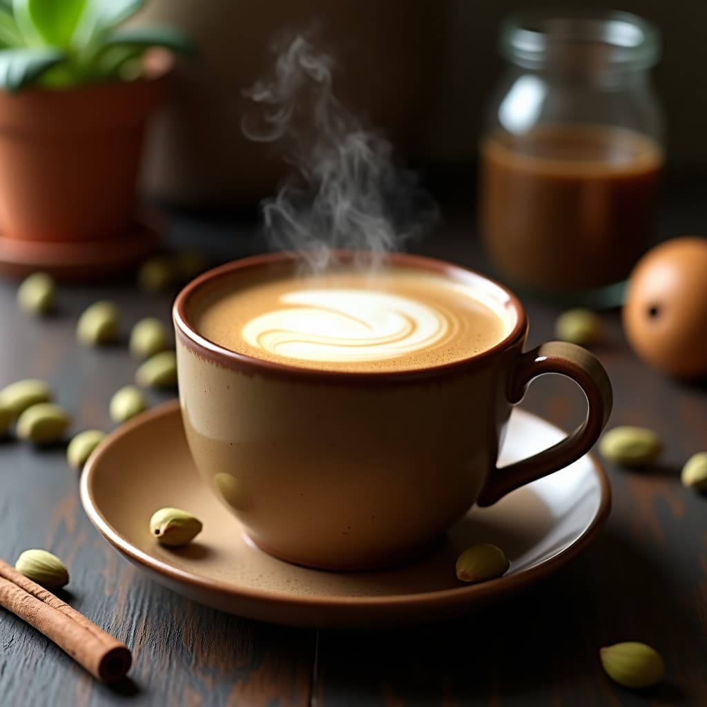 Taza de cerámica rústica con bebida humeante de café de cáscara y cardamomo, coronada con espuma de leche de anacardos. Al fondo, semillas de cardamomo y cáscaras de café secas sobre una mesa de madera oscura, iluminada por luz natural cálida.