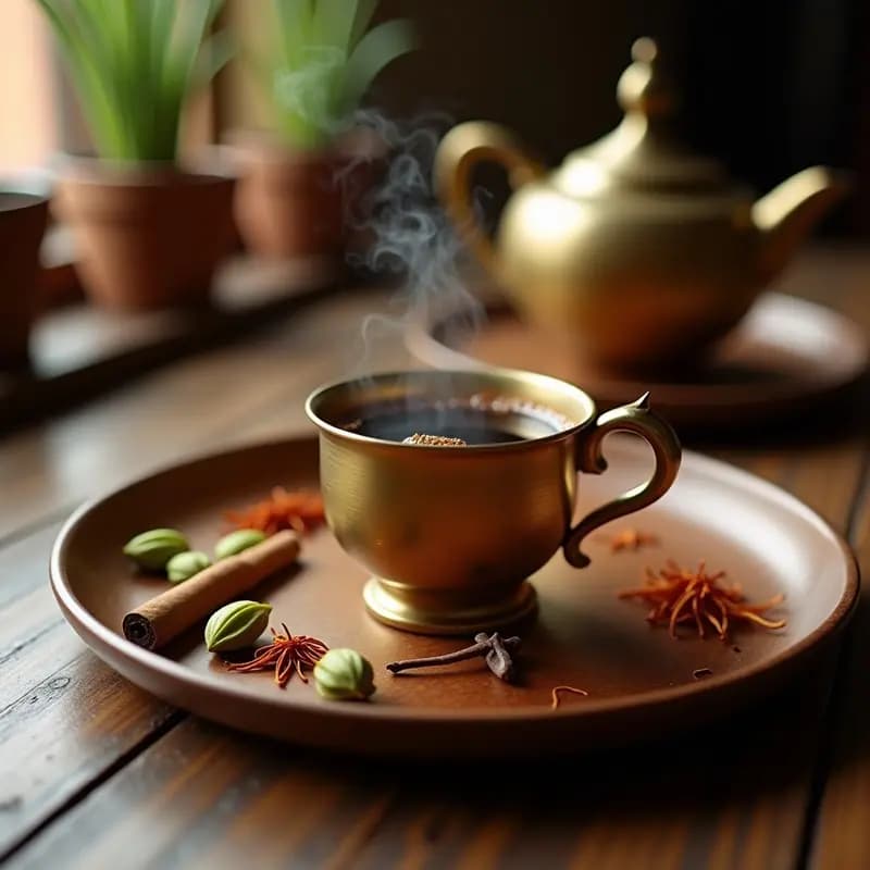 Taza pequeña de latón (finjan) con café árabe humeante, especias como cardamomo, azafrán y canela esparcidas alrededor, sobre una bandeja de madera rústica.