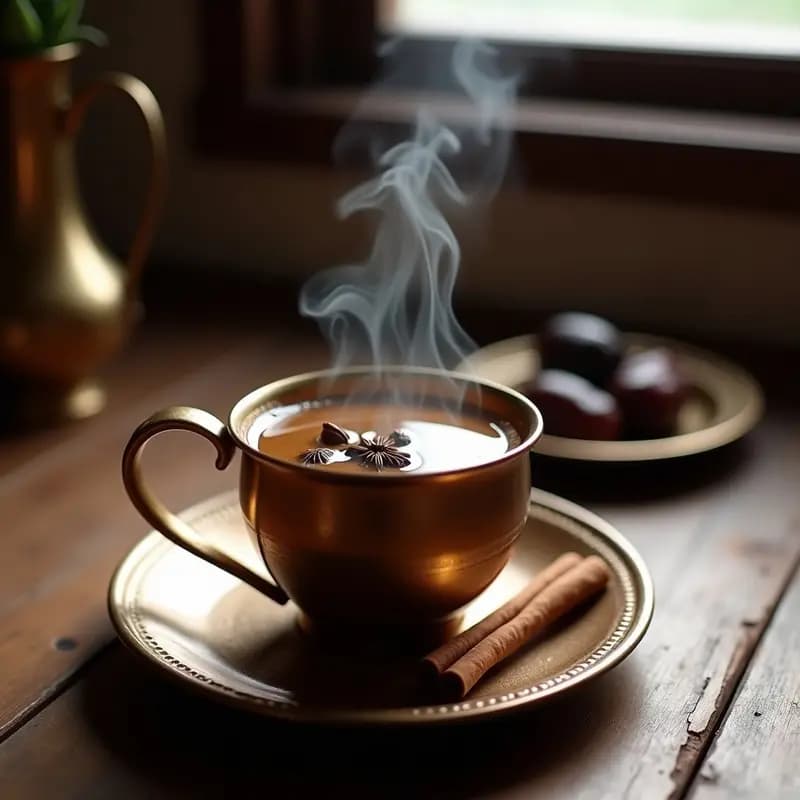 Taza de café humeante con especias marroquíes, canela en rama y semillas de cardamomo flotando, servida en bandeja de metal con dátiles al lado.