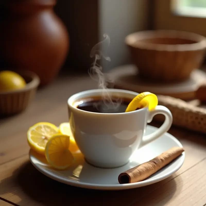 Taza de cerámica blanca humeante con Café del Tiempo, decorada con una rama de canela y una tira de corteza de limón sobre la mesa, fondo borroso de cocina rústica.