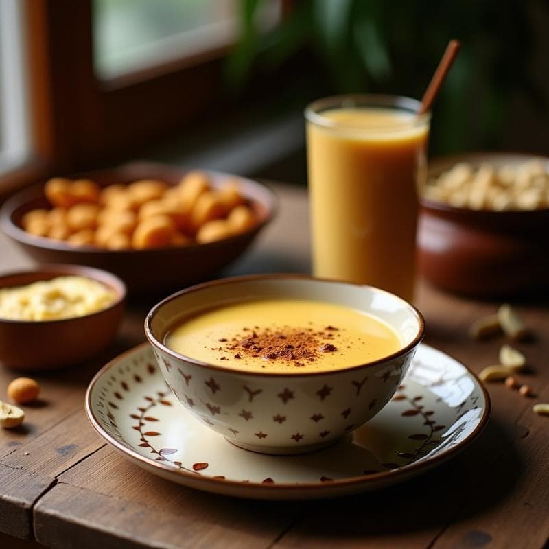 Taza de cerámica blanca con latte indio detox de café y cardamomo, espolvoreado con canela y cardamomo en polvo, sobre fondo rústico de madera con especias y vainas de cardamomo dispersas.