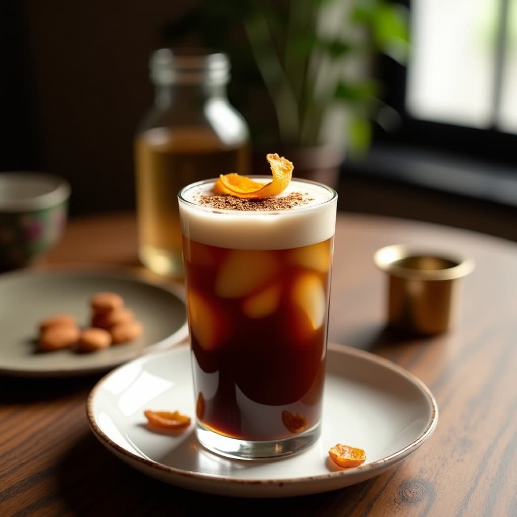 Vaso alto transparente con bebida de café frío de color oscuro coronado por espuma ligera, decorado con especias morunas espolvoreadas y una tira de cáscara de naranja sobre hielo picado. Fondo con detalles de texturas marroquíes y luz natural.