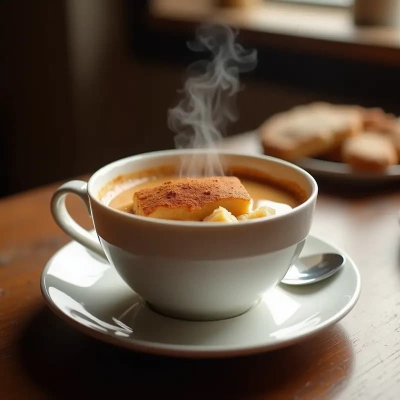 Taza blanca humeante con café con leche espolvoreado de canela, trozos de bizcocho borracho empapado y una cucharita de plata. Desayuno tradicional español reconfortante.