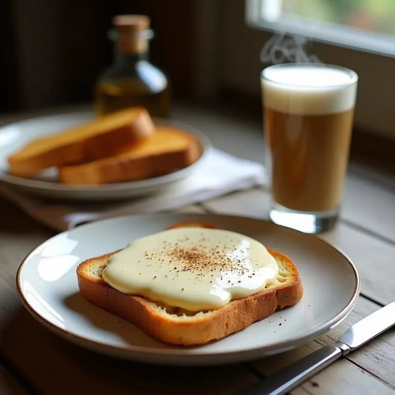 Plato blanco rústico con rebanada de pan tostado cubierto de brandada de bacalao cremosa, acompañado de taza de café con leche espumoso. Desayuno salado tradicional español de pescadores.