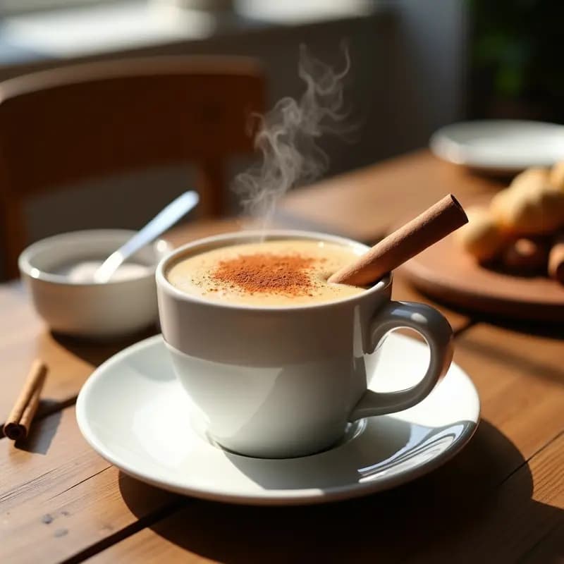 Taza grande de cerámica blanca con café con leche espumoso, espolvoreado con canela molida y una rama de canela al lado, sobre una mesa de madera rústica con luz natural.
