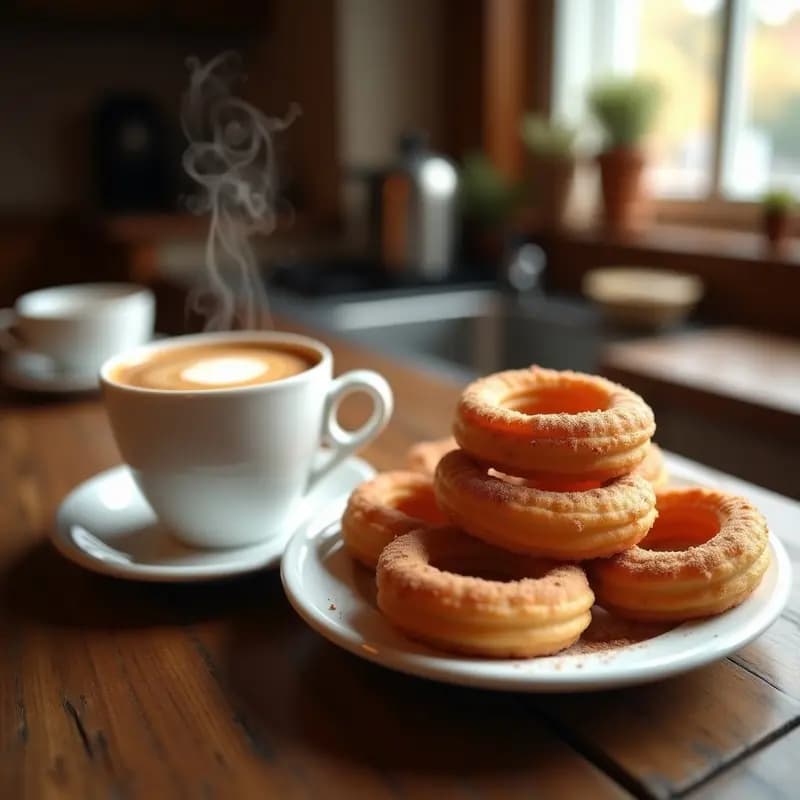Taza humeante de café con leche espumosa junto a un plato de churros dorados y crujientes espolvoreados con azúcar y canela, merienda clásica española sobre mesa rústica de madera.