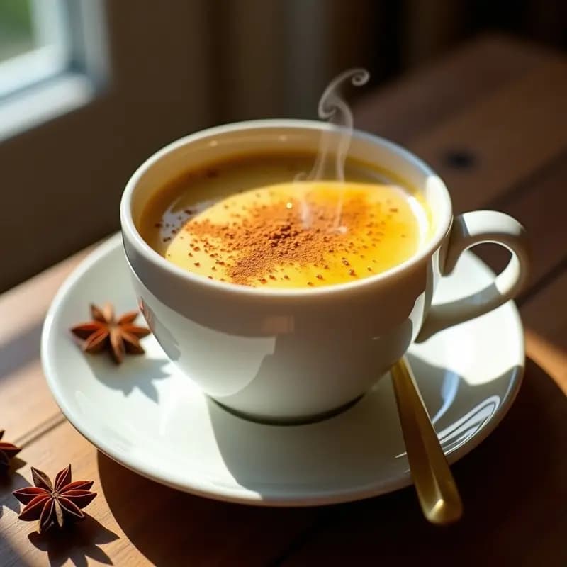 Taza de cerámica blanca con bebida de café con leche de cúrcuma y especias, golden latte para desayunar, espolvoreada con cúrcuma en polvo y canela, sobre mesa de madera rústica con anís estrellado y rama de canela al lado.