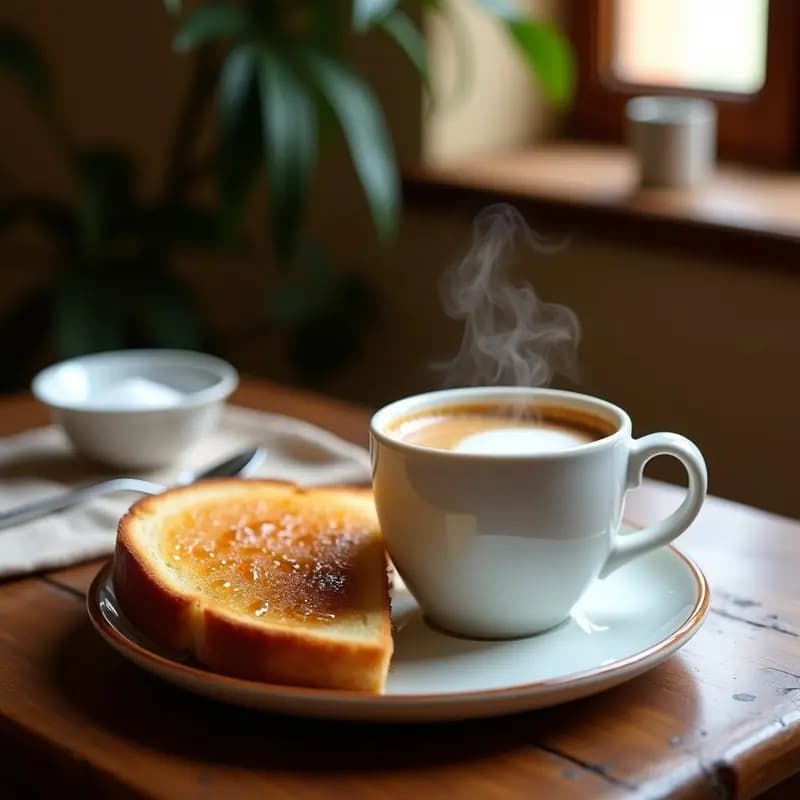 Taza humeante de café con leche junto a una tostada dorada y crujiente untada con manteca de cerdo ibérica, desayuno energético tradicional andaluz sobre fondo rústico de madera.