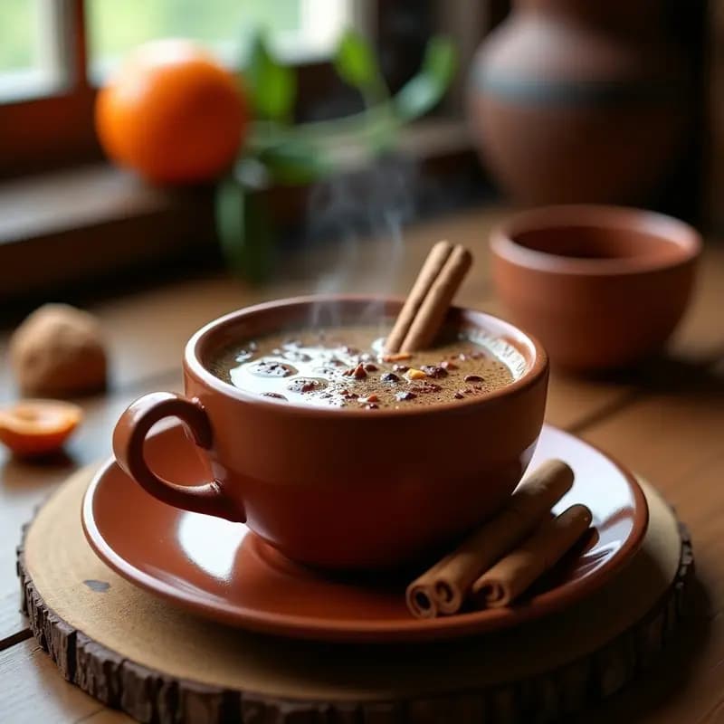 Taza de barro humeante con Café de Olla con Canela y Piloncillo, bebida mexicana tradicional de color oscuro y espuma ligera, decorada con una rama de canela y trozos de piloncillo al lado. Fondo rústico con textura de madera.