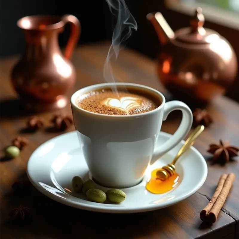 Taza de porcelana blanca con café turco espumoso, sedimento oscuro en el fondo, semillas de cardamomo y un hilo de miel dorada en la superficie. Fondo con cazuela de cobre y especias árabes.