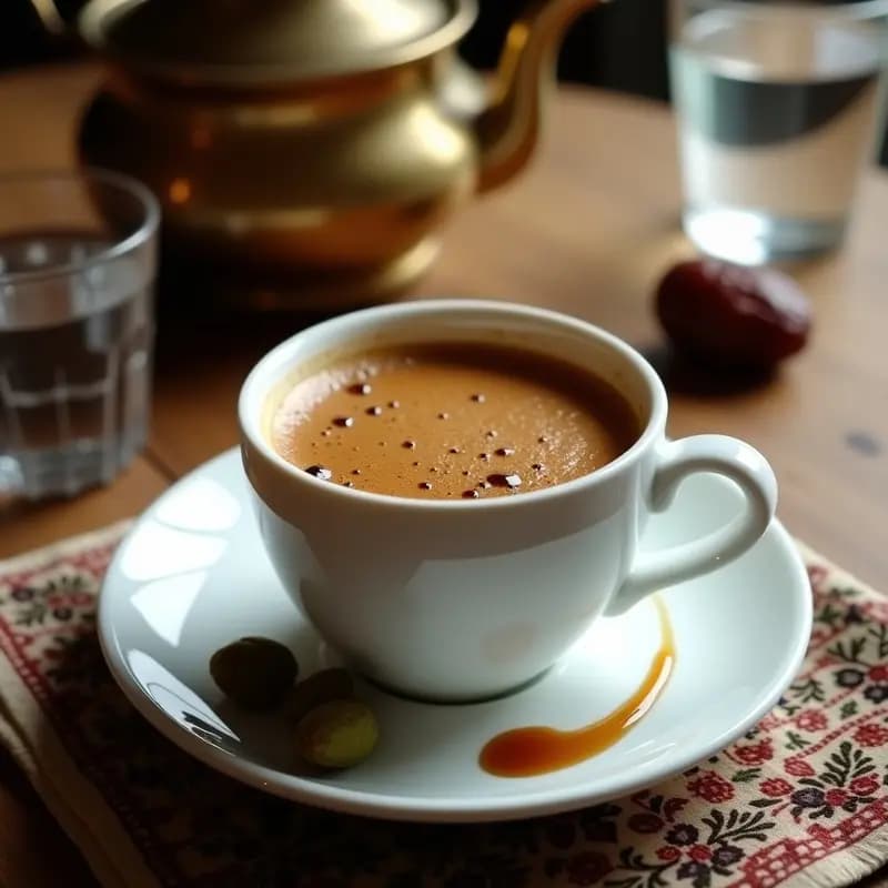 Taza de porcelana blanca con Café Turco con Cardamomo y Miel, espuma oscura en la superficie y vainas de cardamomo al lado, sobre una bandeja de cobre con detalles árabes. Receta tradicional de Oriente Medio.