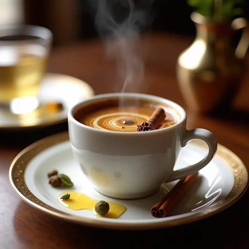 Taza de porcelana blanca con café turco espumoso, especias flotantes y miel de dátil, servido en bandeja de latón junto a un vaso de agua y vainas de cardamomo. Receta tradicional sin azúcar refinada.