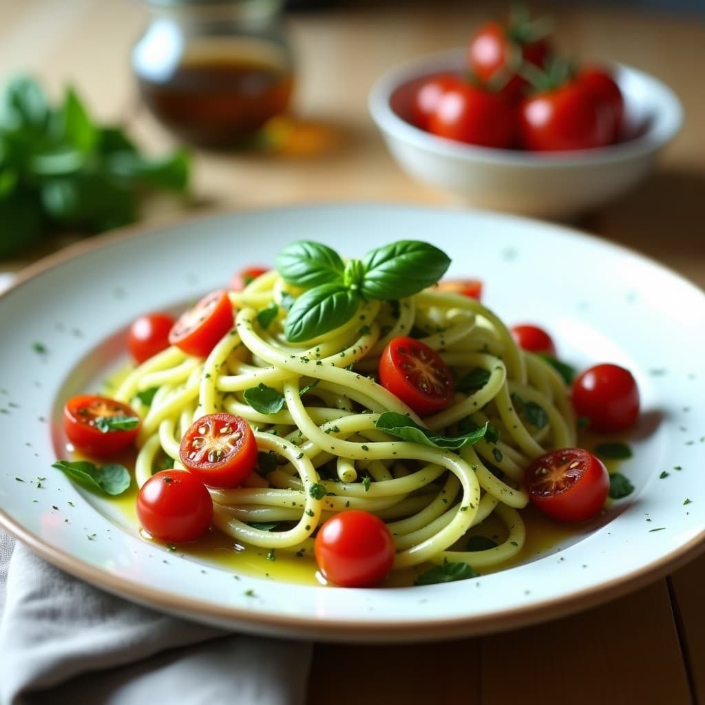 Plato blanco con calabacines en espiral dorados al airfryer, bañados en pesto cremoso de albahaca y semillas de girasol, acompañados de tomates cherry asados y decorados con hojas de albahaca fresca. Receta vegana y sin lácteos.