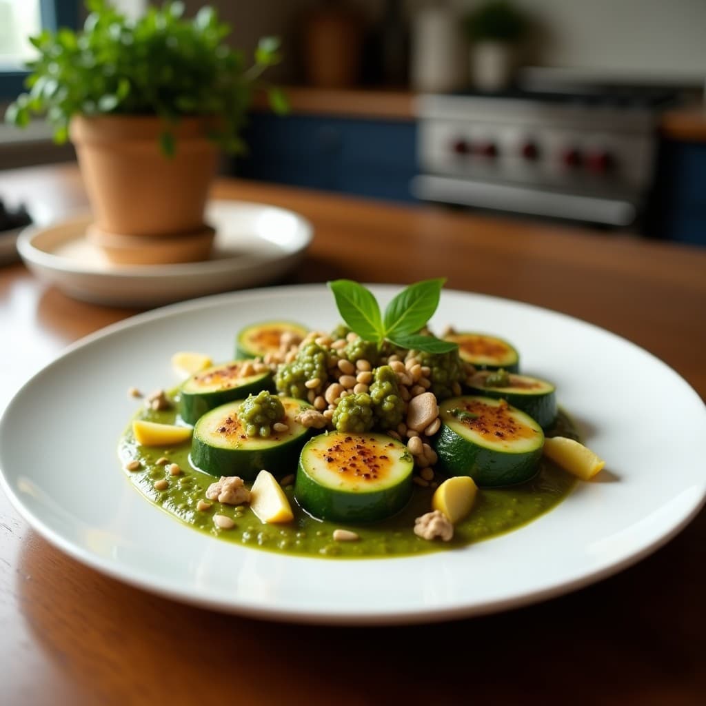 Plato blanco con calabacines en espiral verde claro bañados en salsa pesto de albahaca y nueces, decorados con tomates cherry rojos y nuevas picadas, sobre un fondo rústico de madera.