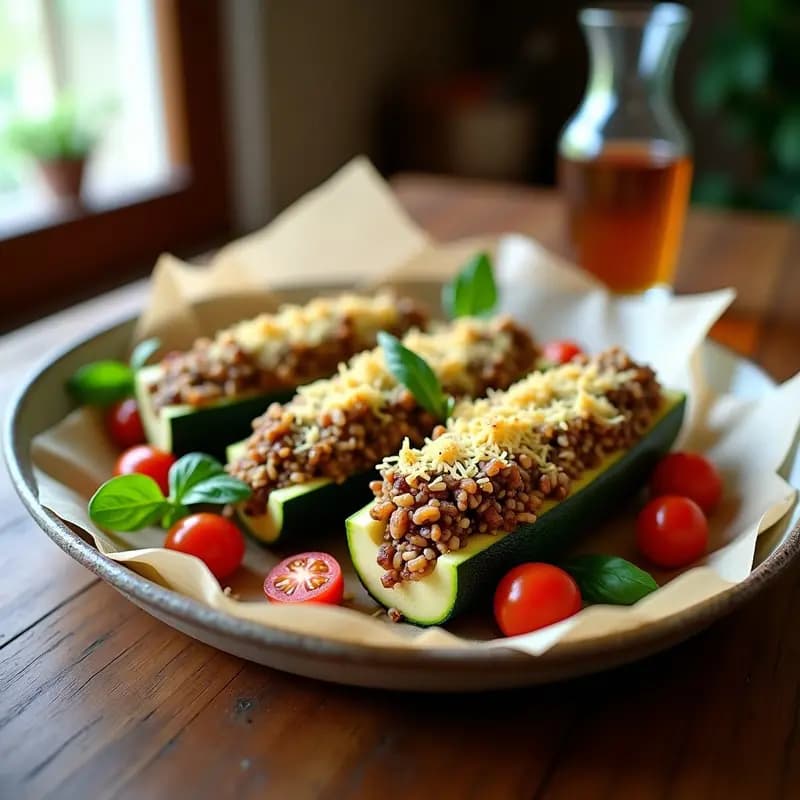 Plato de calabacines rellenos de arroz silvestre y setas porcini al horno, con queso parmesano gratinado y perejil fresco, receta italiana en Thermomix.