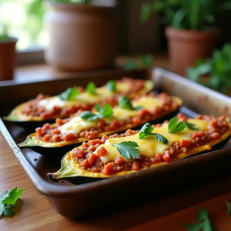 Bandeja de horno con calabacines rellenos de carne picada y tomate, dorados y con queso fundido, acompañados de perejil fresco. Receta de aprovechamiento fácil y tradicional.