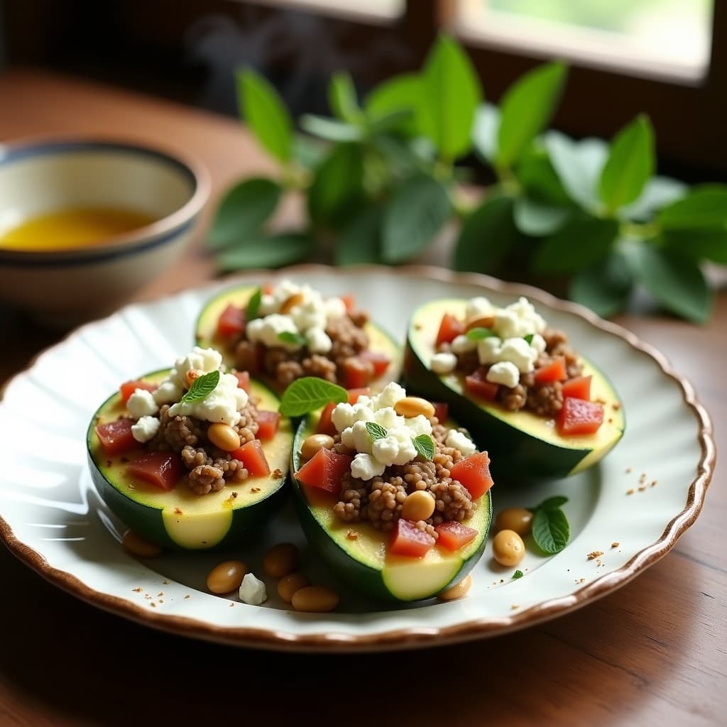 Plato de calabacines rellenos de carne picada de cordero y menta, cocinados en olla exprés, con queso feta desmenuzado y hojas de menta fresca por encima, servidos en una fuente de barro rústica.