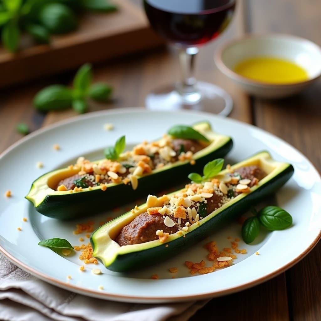 Plato de porcelana blanca con dos calabacines rellenos de carne de cordero y hierbas provenzales, gratinados con queso Pecorino dorado, acompañados de almendras fileteadas tostadas y decorados con hojas de albahaca fresca. Receta francesa en Thermomix.