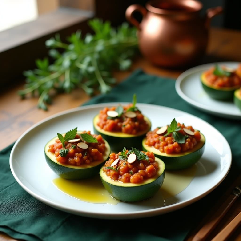 Plato de calabacines rellenos de lentejas corail y berenjena asada, receta griega en olla exprés, decorados con hierbas frescas y almendras fileteadas sobre fondo rústico de madera.