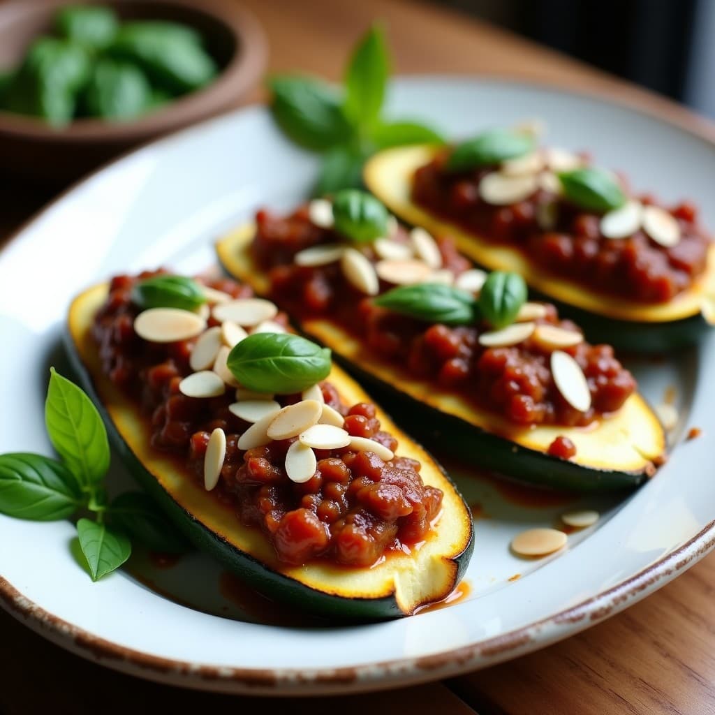 Calabacines medianos rellenos de Meatless Bolognese, con un relleno oscuro de lentejas, champiñones y tomate, dorados en Airfryer, decorados con piñones tostados y albahaca fresca sobre un plato de cerámica blanca.