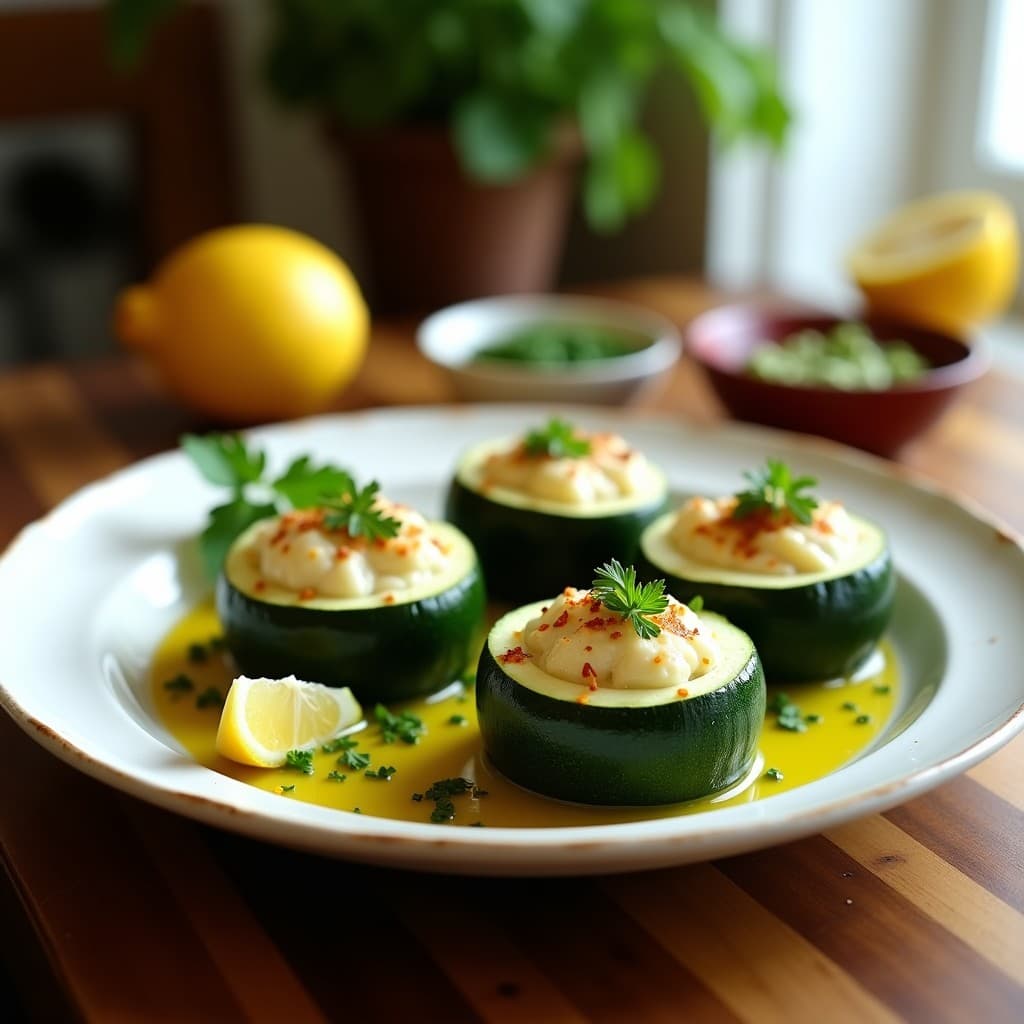 Cuatro calabacines redondos rellenos de una mezcla esponjosa de merluza y espinacas, con un toque dorado en la superficie, servidos en un plato blanco rústico sobre un fondo de madera. Receta de calabacines rellenos de merluza y espinacas en olla express sin gluten.